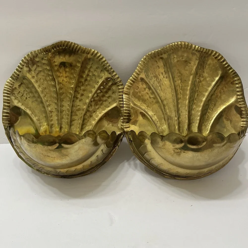 Vintage Solid Brass Wall Pockets Set Of 2 Hollywood Regency Polished Shell 6.5